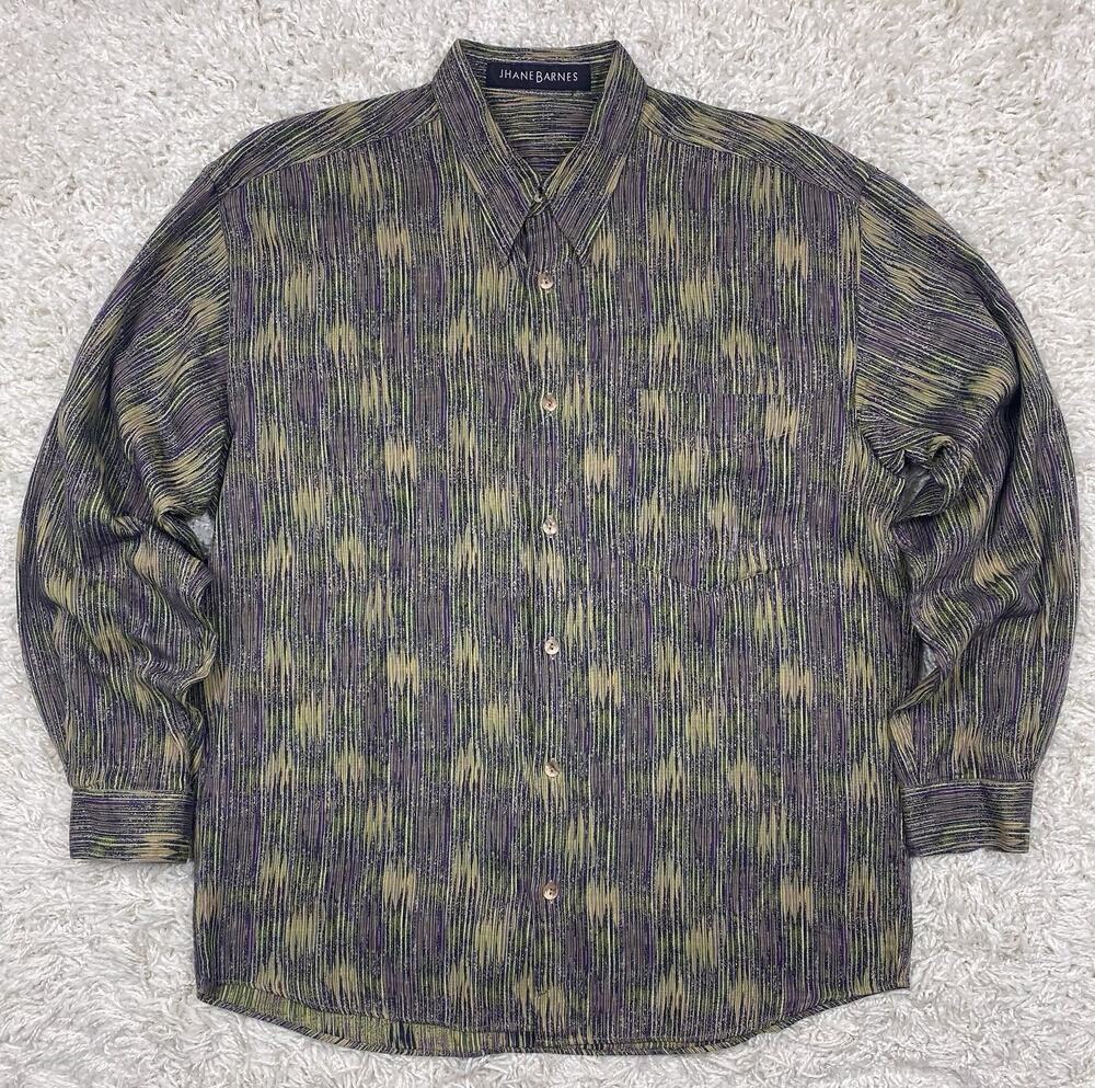 Vintage Jhane Barnes Shirt Men's Large Purple Green Abstract Long Sleeve Cotton